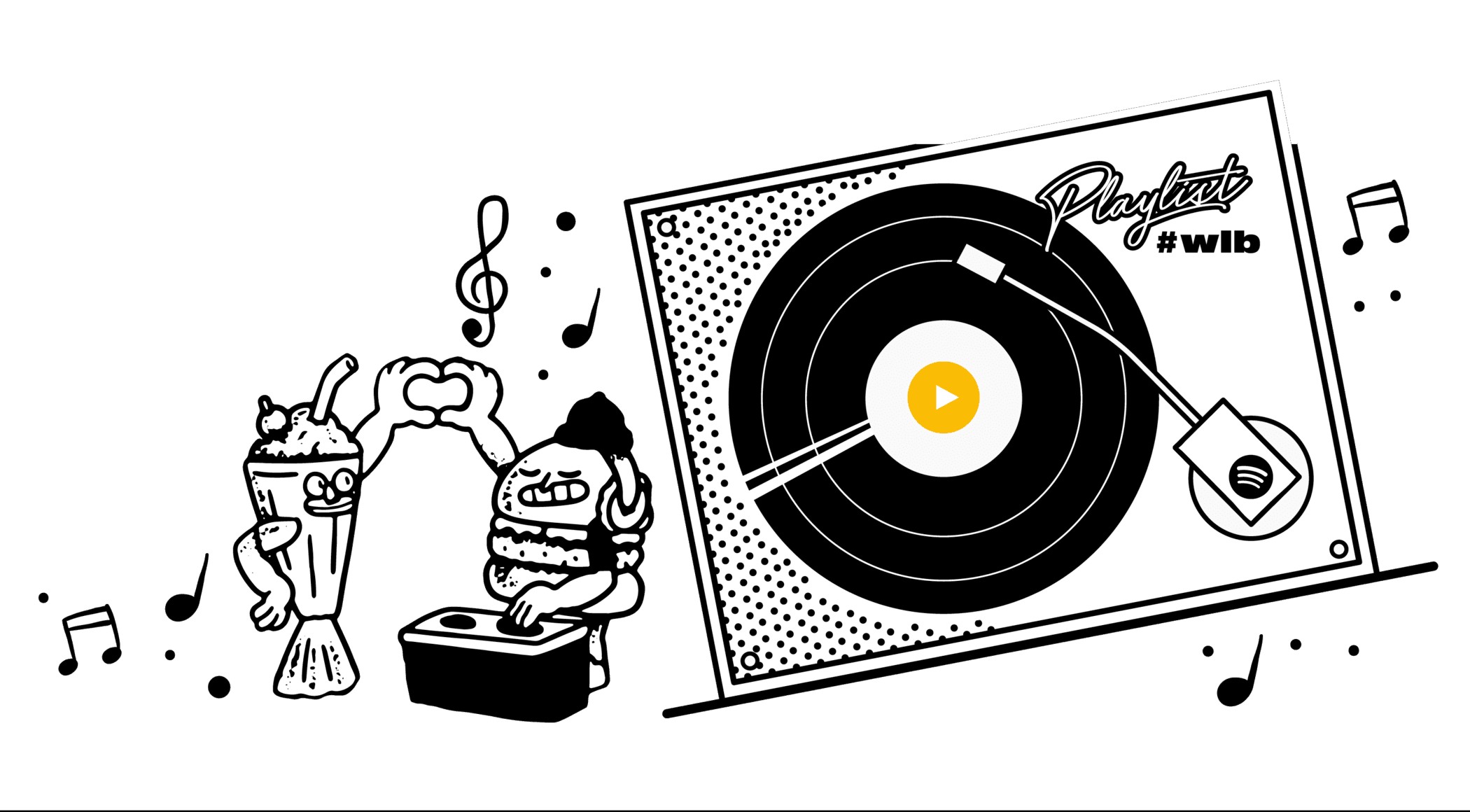Ilustraciones We Love Vibes: malteada y hamburguesa DJ junto a una tornamesa con la playlist #wlb en Spotify
